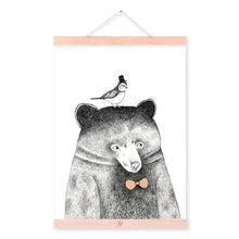 Load image into Gallery viewer, Modern Nordic Black White Kawaii Animal Bear A4 Wood Framed Canvas Painting Wall Art Print Picture Poster Hanger Kids Room Decor
