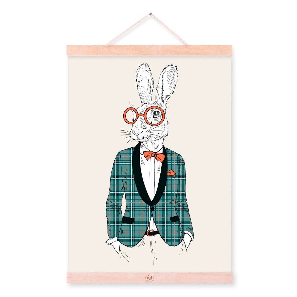 Hipster Bunny Rabbit Modern Fashion Gentleman Animal Wood Framed Canvas Painting Wall Art Prints Picture Poster Scroll Home Deco