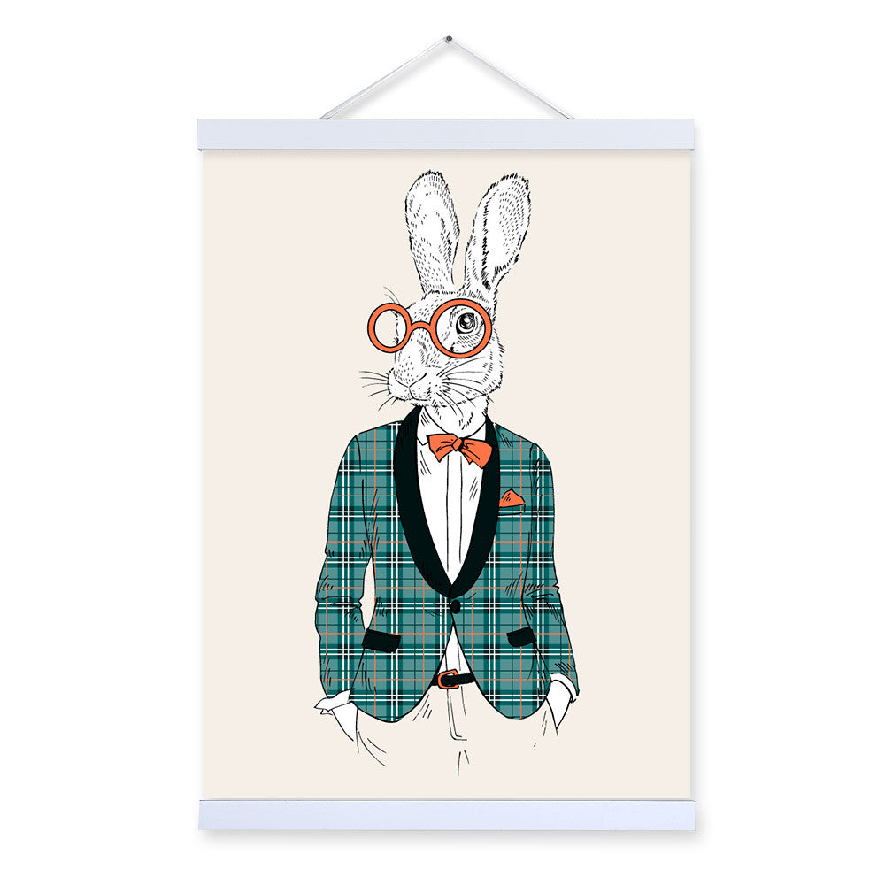 Hipster Bunny Rabbit Modern Fashion Gentleman Animal Wood Framed Canvas Painting Wall Art Prints Picture Poster Scroll Home Deco