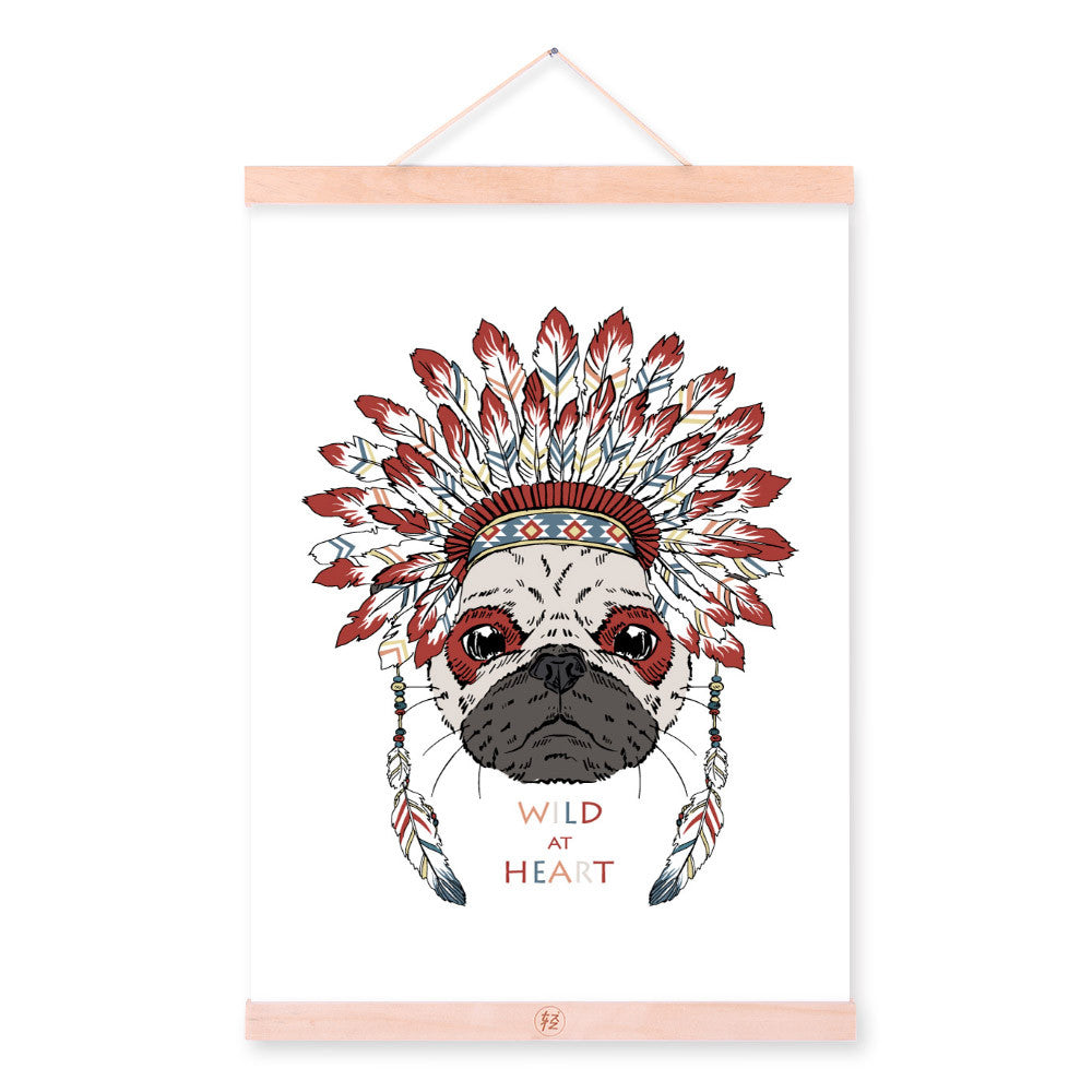 Pug Dog Head Ancient Indian Animals Red Feather A4 Wooden Framed Canvas Painting Wall Art Print Picture Poster Hanger Home Decor