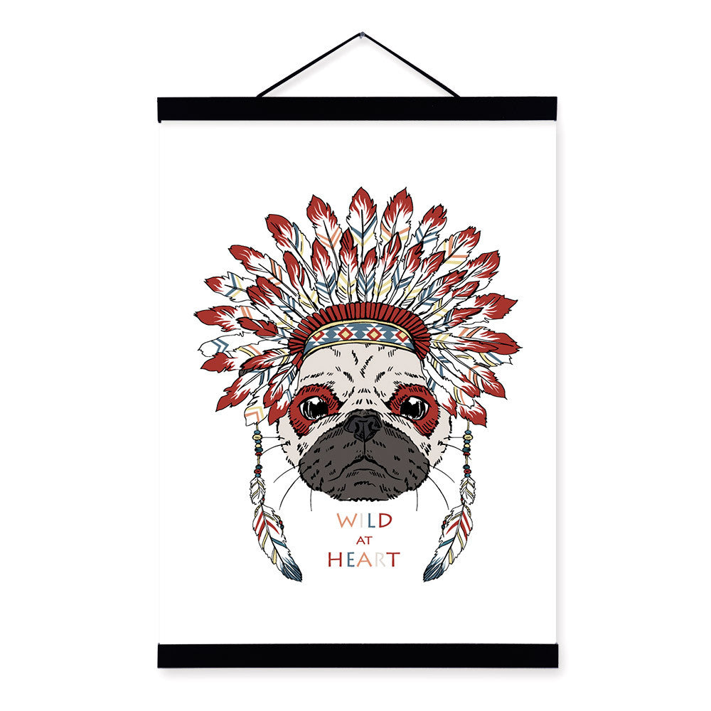 Pug Dog Head Ancient Indian Animals Red Feather A4 Wooden Framed Canvas Painting Wall Art Print Picture Poster Hanger Home Decor