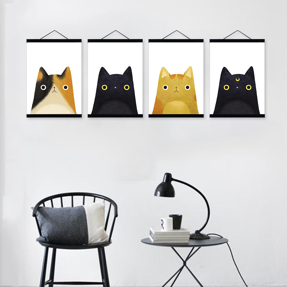 Modern Original Watercolor Cute Japanese Cat Head Pet Wooden Framed Canvas Painting Wall Art Print Picture Poster Kids Room Deco