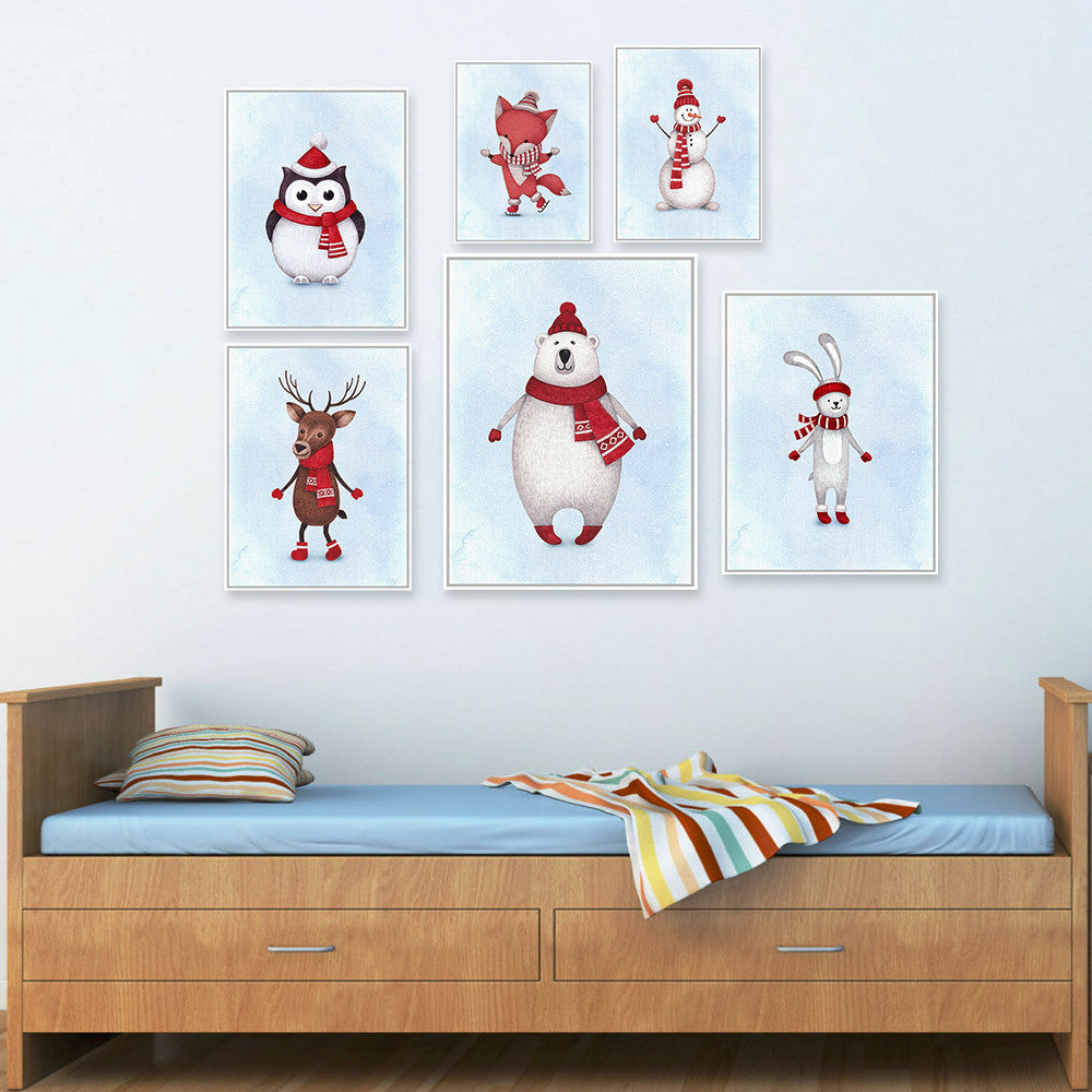 Kawaii Watercolor Christmas Animals Deer Snowman Poster Prints Nursery Wall Art Picture Canvas Painting No Frame Kids Room Decor