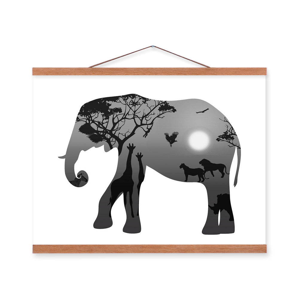 Elephant Black White Nordic Minimalist Animal King Silhouette Framed Canvas Painting Wall Art Prints Picture Poster Scroll Decor