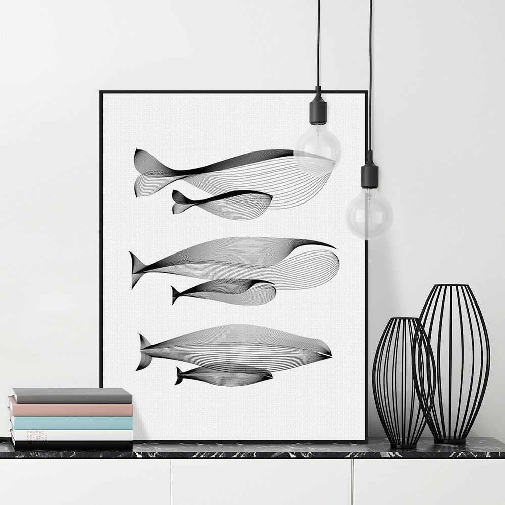 Modern Black White Animal Abstract Lines Whale Family A4 Large Canvas Art Print Poster Wall Picture Home Decor Painting No Frame