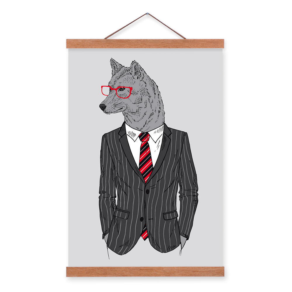 Wolf Modern Fashion Gentleman Animals Portrait A4 Wooden Framed Canvas Painting Wall Art Prints Picture Poster Office Home Decor