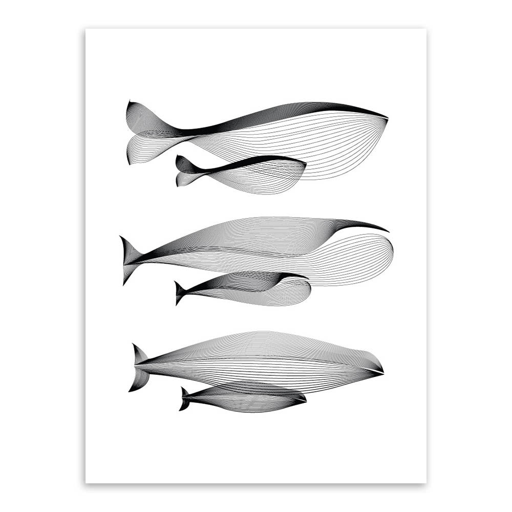 Modern Minimalist Black White Abstract Animals Whale Family Canvas Large A4 Poster Print Nordic Wall Art Home Decor Painting