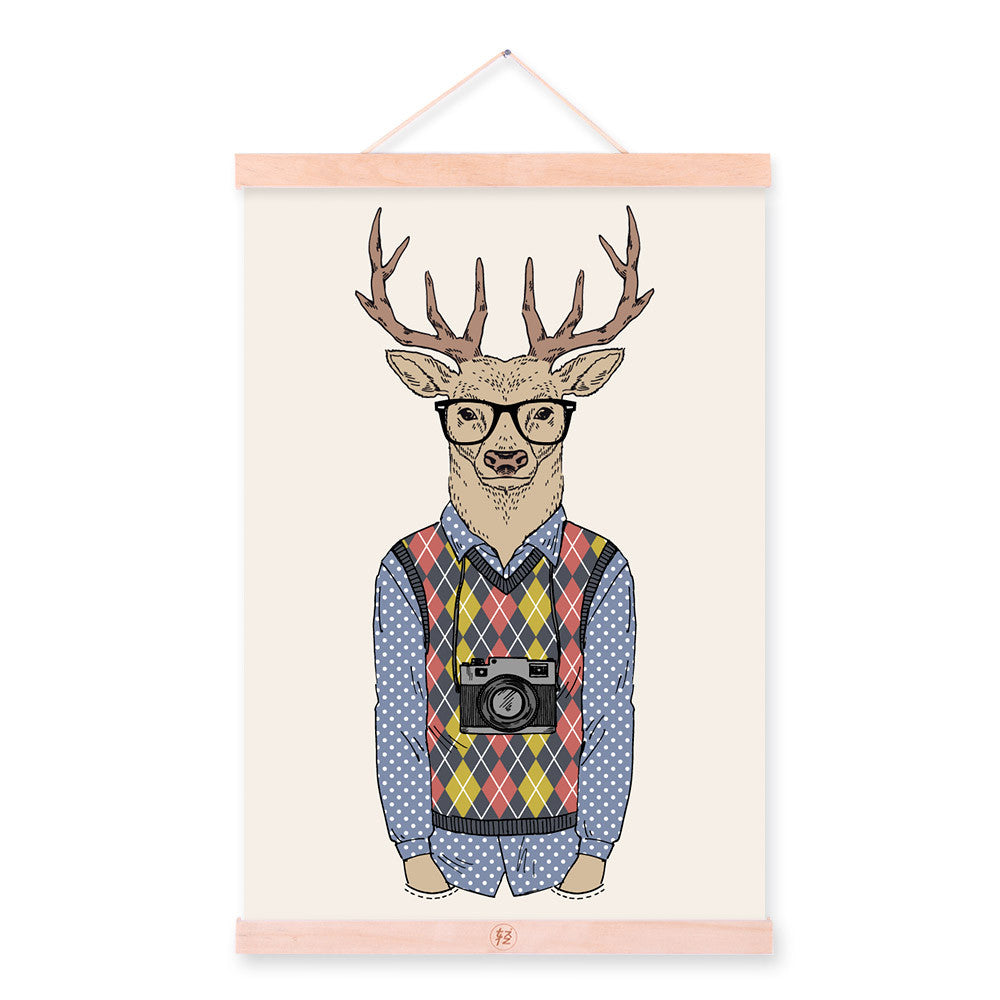 Travel Deer Modern Fashion Gentleman Animal Portrait Camera Hipster A4 Framed Canvas Painting Wall Art Print Picture Poster Deco