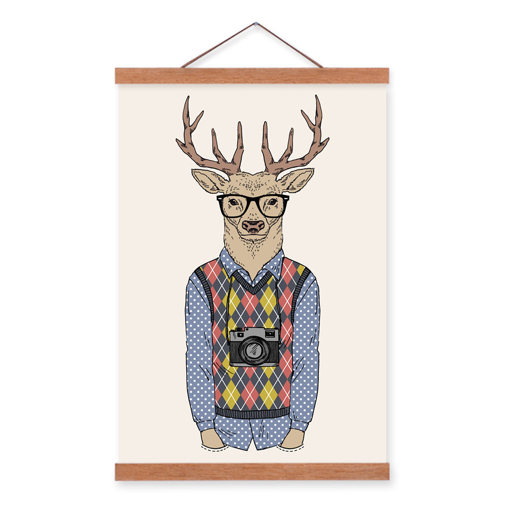 Travel Deer Modern Fashion Gentleman Animal Portrait Camera Hipster A4 Framed Canvas Painting Wall Art Print Picture Poster Deco