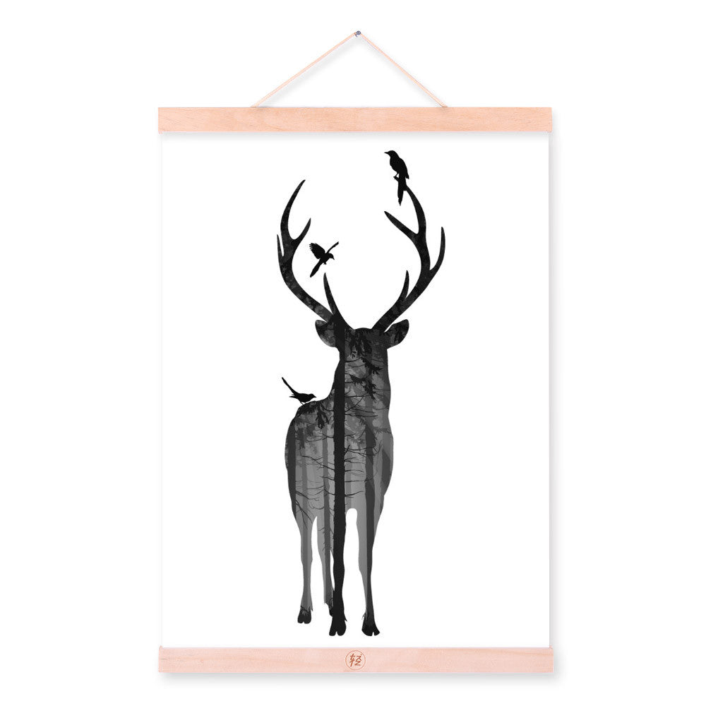 Deer Bird Black White Nordic Minimalist Animal Silhouette Wood Framed Canvas Painting Wall Art Print Picture Poster Scroll Decor