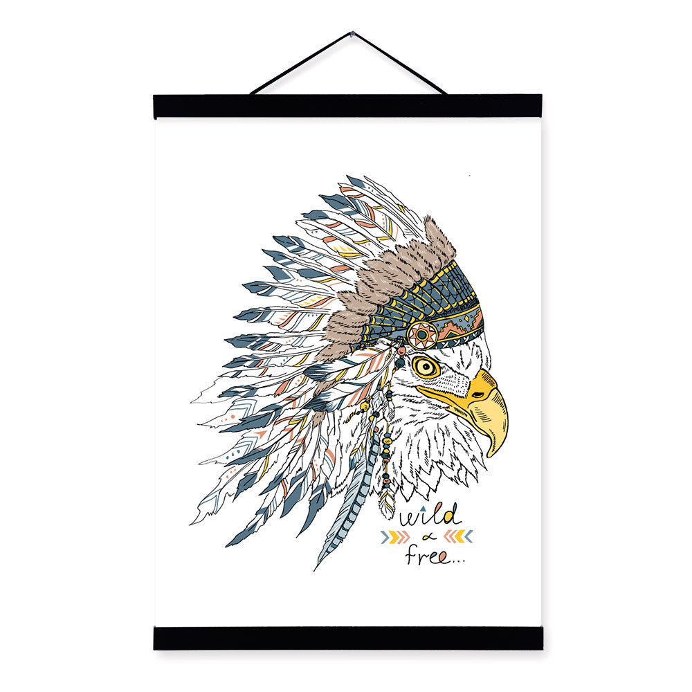 Eagle Head Ancient Indian Strong Animal Feather A4 Wooden Framed Canvas Painting Wall Art Print Picture Poster Scroll Home Decor