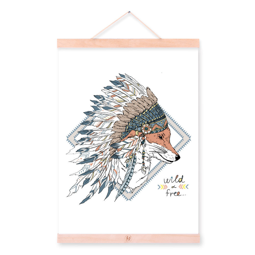 Fox Face Ancient Indian Strong Animals Feather Graphic A4 Wooden Framed Canvas Painting Wall Art Print Picture Poster Home Decor