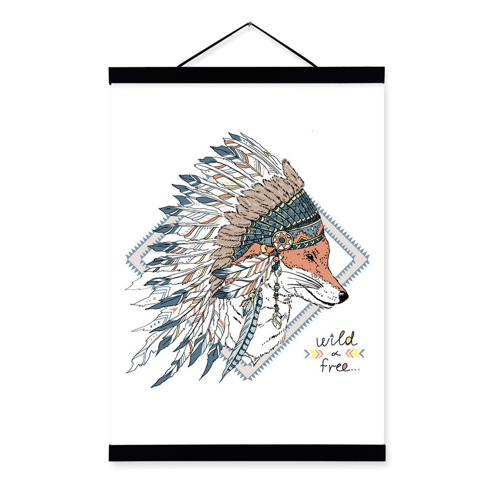 Fox Face Ancient Indian Strong Animals Feather Graphic A4 Wooden Framed Canvas Painting Wall Art Print Picture Poster Home Decor