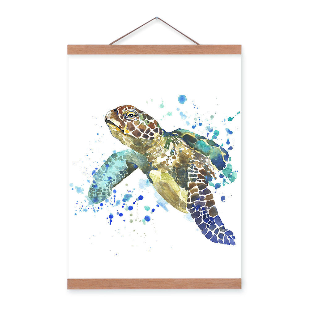 Sea Turtle Watercolor Fashion Animal Portrait Wood Framed Canvas Painting Wall Art Print Picture Poster Children Room Home Decor