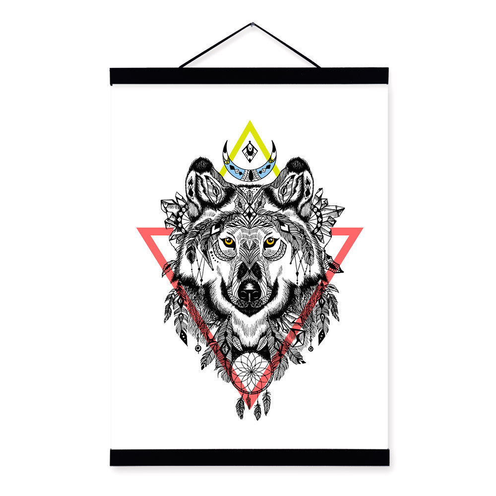 Wolf Graphic Ancient Indian Animal Black White Dream Catcher A4 Wood Framed Canvas Painting Wall Art Print Pictures Poster Decor