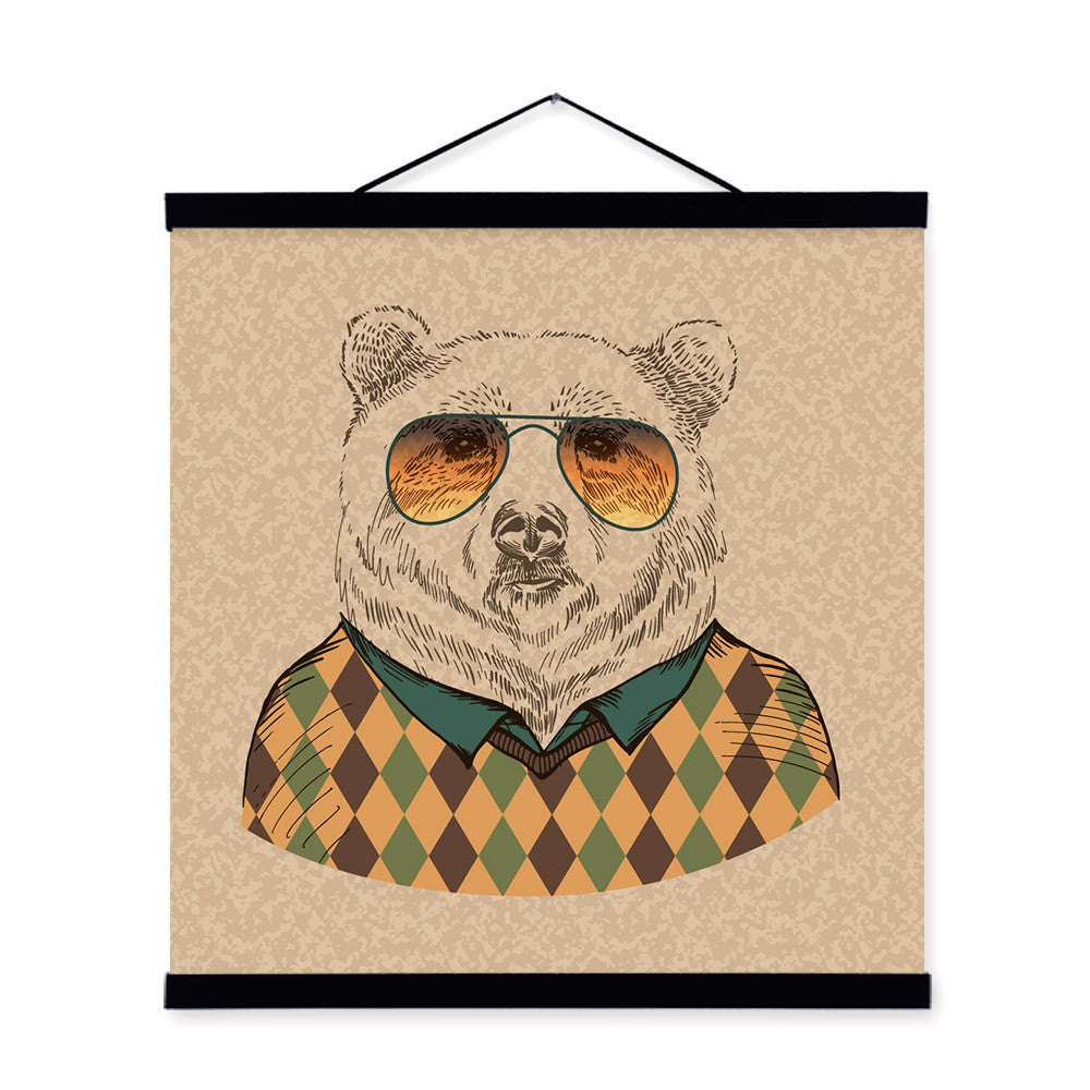Bear Gentleman Animal Portrait Hippie Abstract A4 Wooden Framed Canvas Painting Wall Art Print Picture Poster bedroom Home Decor