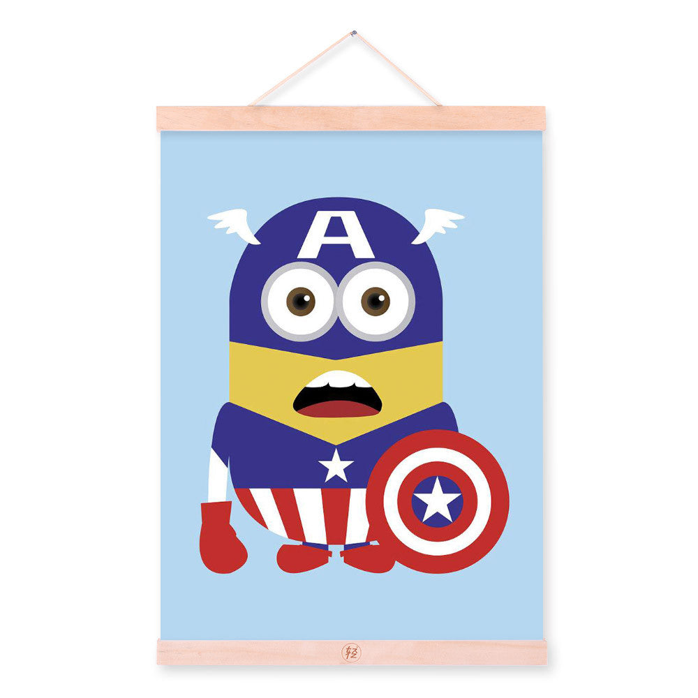 Cap Minions Superhero Avengers Pop Movie Cartoon A4 Wood Framed Canvas Painting Wall Art Print Picture Poster Hanger Home Deco