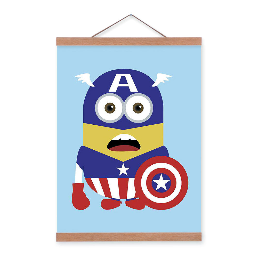 Cap Minions Superhero Avengers Pop Movie Cartoon A4 Wood Framed Canvas Painting Wall Art Print Picture Poster Hanger Home Deco