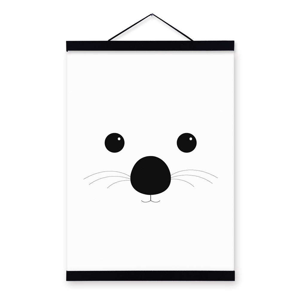 Bear Black White Minimalist Abstract Kawaii Animal A4 Wooden Framed Canvas Painting Wall Art Print Picture Poster Kids Room Deco