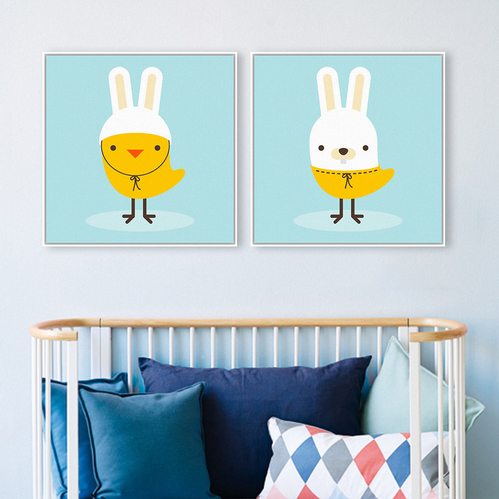 Nordic Kawaii Animal Chicken Dog Square Blue Canvas Art Print Poster Nursery Wall Picture Kids Baby Room Decor Painting No Frame