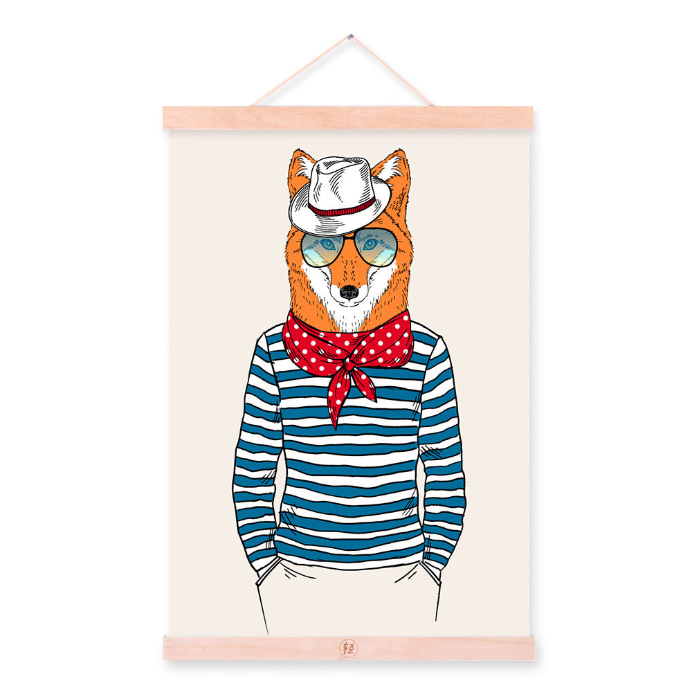 Fox Face Modern Fashion Gentleman Animal Portrait Hipster Framed Canvas Painting Wall Art Print Picture Poster Scroll Home Decor