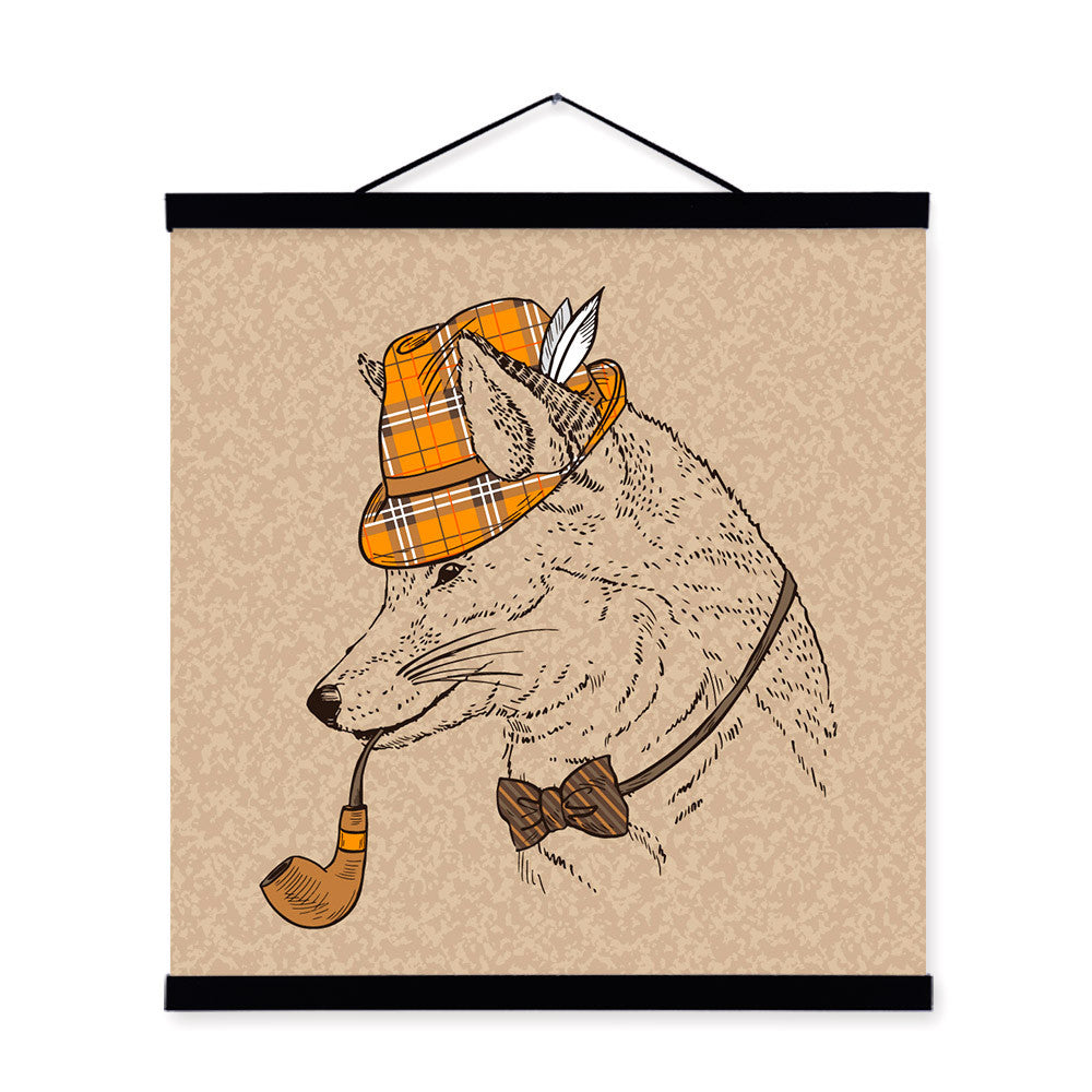 Fox Vintage Retro Gentleman Animal Portrait Hippie Wooden Framed Canvas Painting Wall Art Print Picture Poster Scroll Home Decor