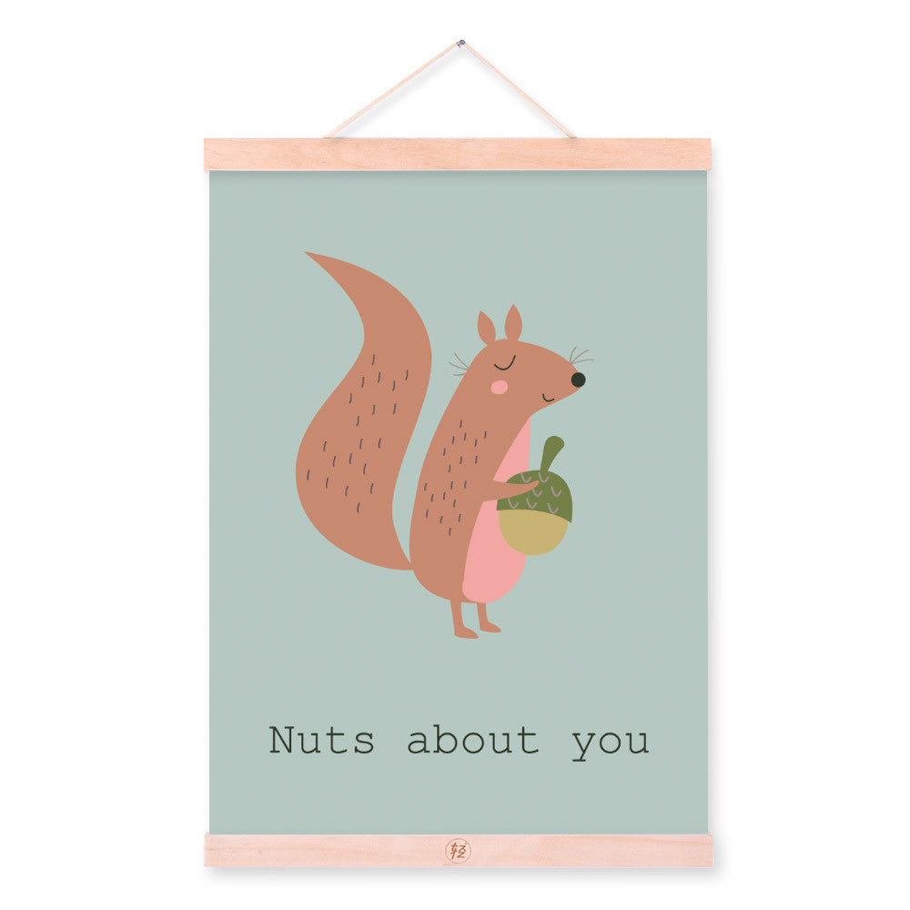 Cartoon Kawaii Animal Squirrel  Wooden Framed Canvas Painting Kids Baby Room Decor Nuresery Wall Art Print Picture Poster Hanger