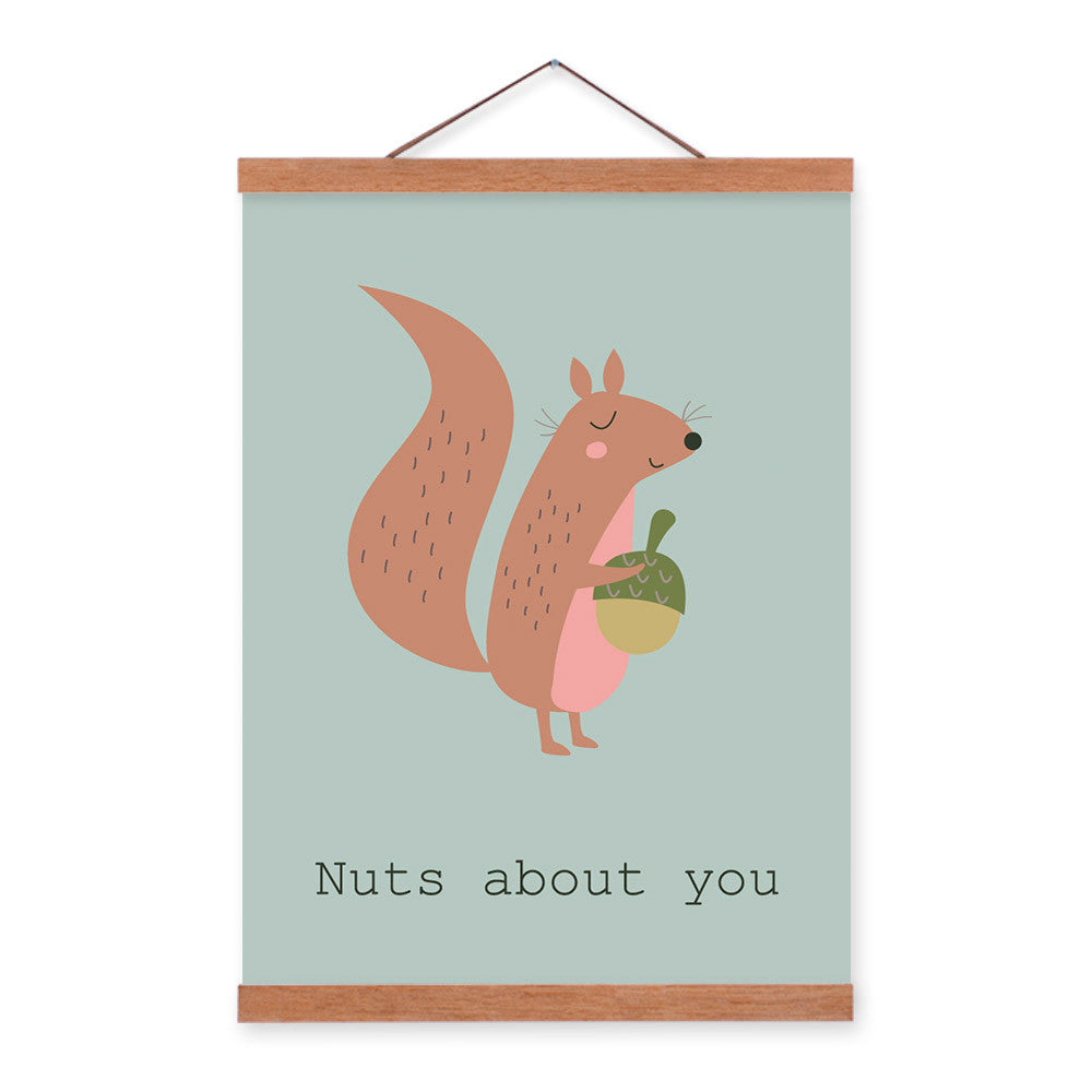 Cartoon Kawaii Animal Squirrel  Wooden Framed Canvas Painting Kids Baby Room Decor Nuresery Wall Art Print Picture Poster Hanger