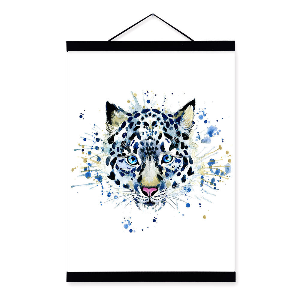Snow Leopard Watercolor Fashion Animal Portrait Wooden Framed Canvas Painting Wall Art Print Picture Poster Kids Room Home Decor