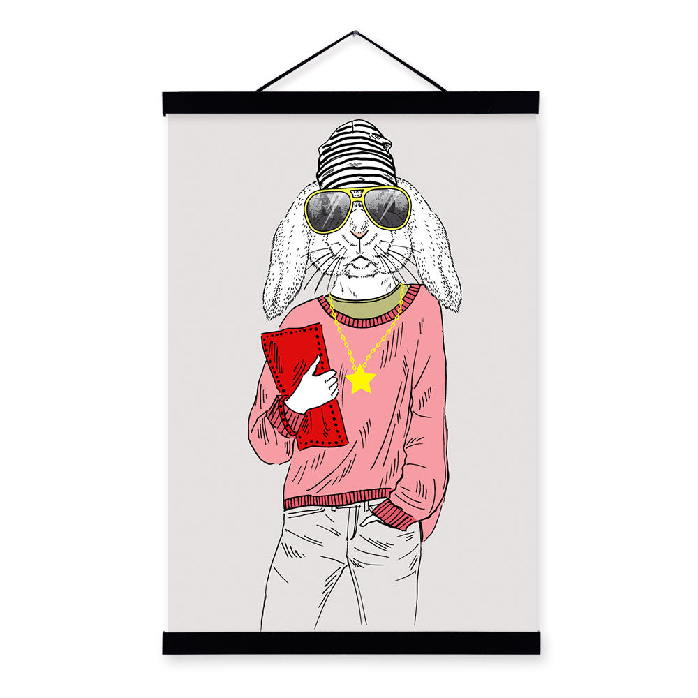 Girl Bunny Rabbit Modern Fashion Design Beauty Animal Hipster Framed Canvas Painting Wall Art Prints Picture Poster Hanger Decor