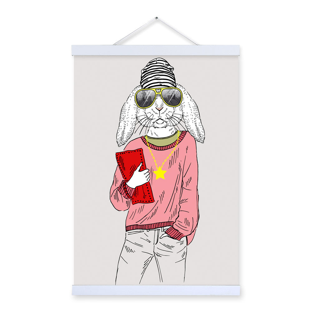 Girl Bunny Rabbit Modern Fashion Design Beauty Animal Hipster Framed Canvas Painting Wall Art Prints Picture Poster Hanger Decor