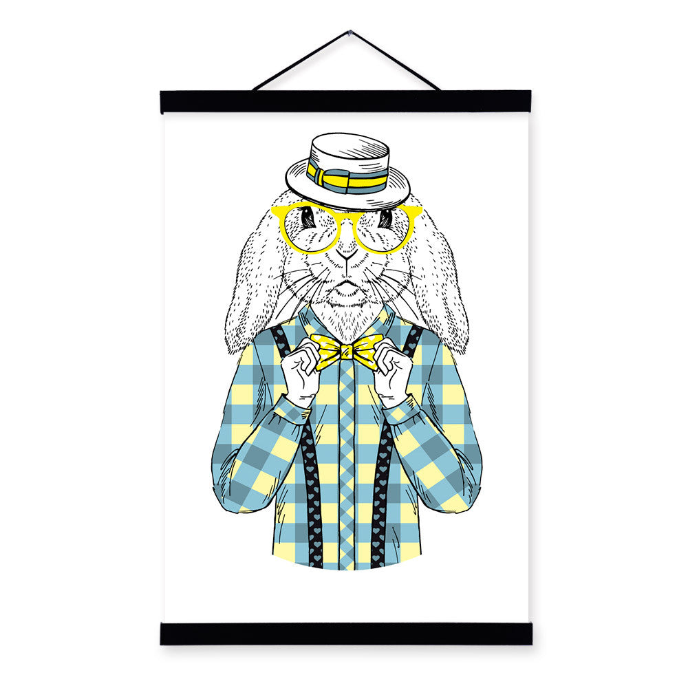 Bunny Rabbit Modern Fashion Gentleman Abstract A4 Wooden Framed Canvas Painting Wall Art Prints Picture Poster Scroll Home Decor