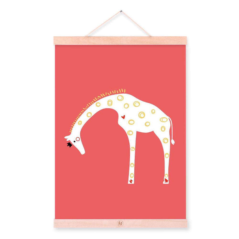 Nordic Minimalist Cartoon Animals Giraffe A4 Wooden Framed Canvas Painting Wall Art Print Picture Poster Hanger Kids Room Deco