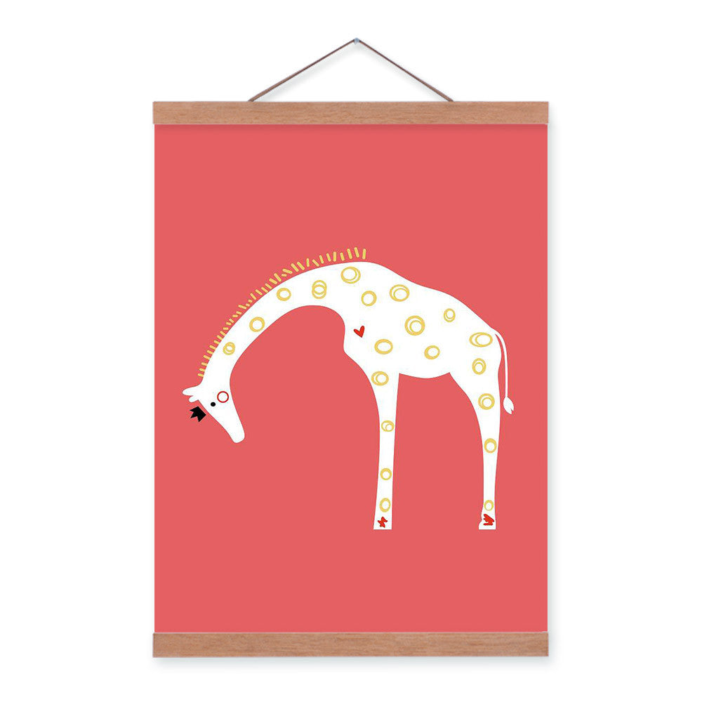 Nordic Minimalist Cartoon Animals Giraffe A4 Wooden Framed Canvas Painting Wall Art Print Picture Poster Hanger Kids Room Deco