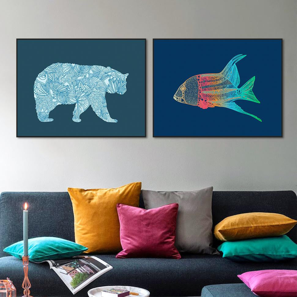 Abstract Modern Vintage Retro Animals Bear Goldfish Canvas Large A4 Poster Print Nordic Wall Art Living Room Decor Painting