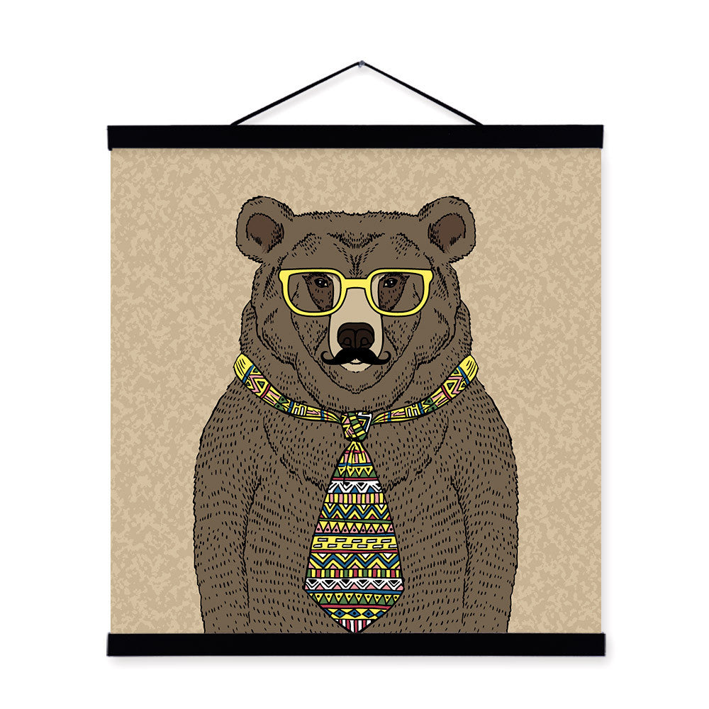 Black Bear Gentleman Animal Portrait Hipster Cartoon A4 Wooden Framed Canvas Painting Wall Art Prints Pictures Poster Home Decor