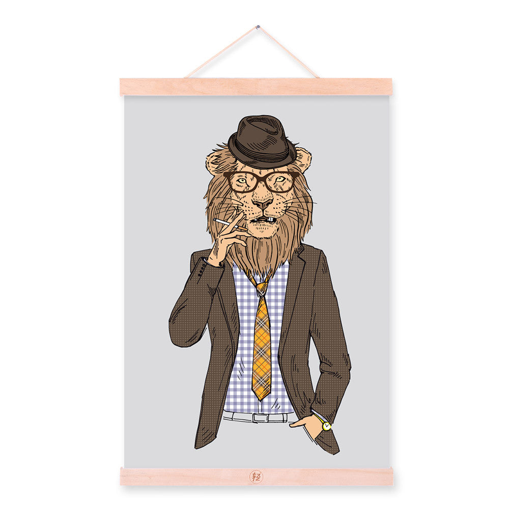 Lion Modern Fashion Gentleman Animal Portrait Wood Framed Canvas Painting Wall Art Print Picture Poster Hanger Office Home Decor