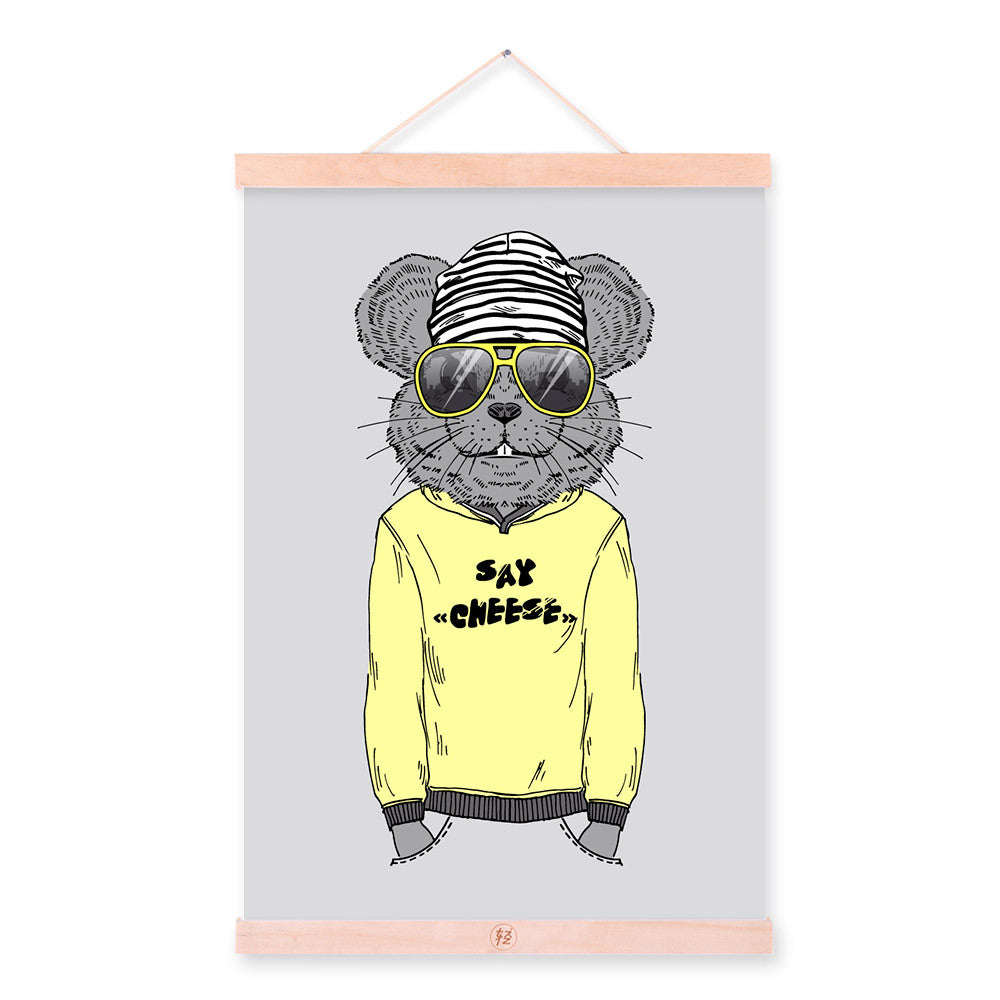 Mouse Modern Fashion Gentleman Animals Portrait Wooden Framed Canvas Painting Wall Art Print Picture Poster Kids Room Home Decor