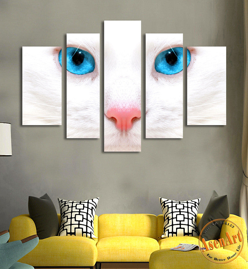 5 Panel Wall Art The Eye of White Cat Painting Picture Canvas Print Animal Wall Pictures for Living Room Home Decor No Frame