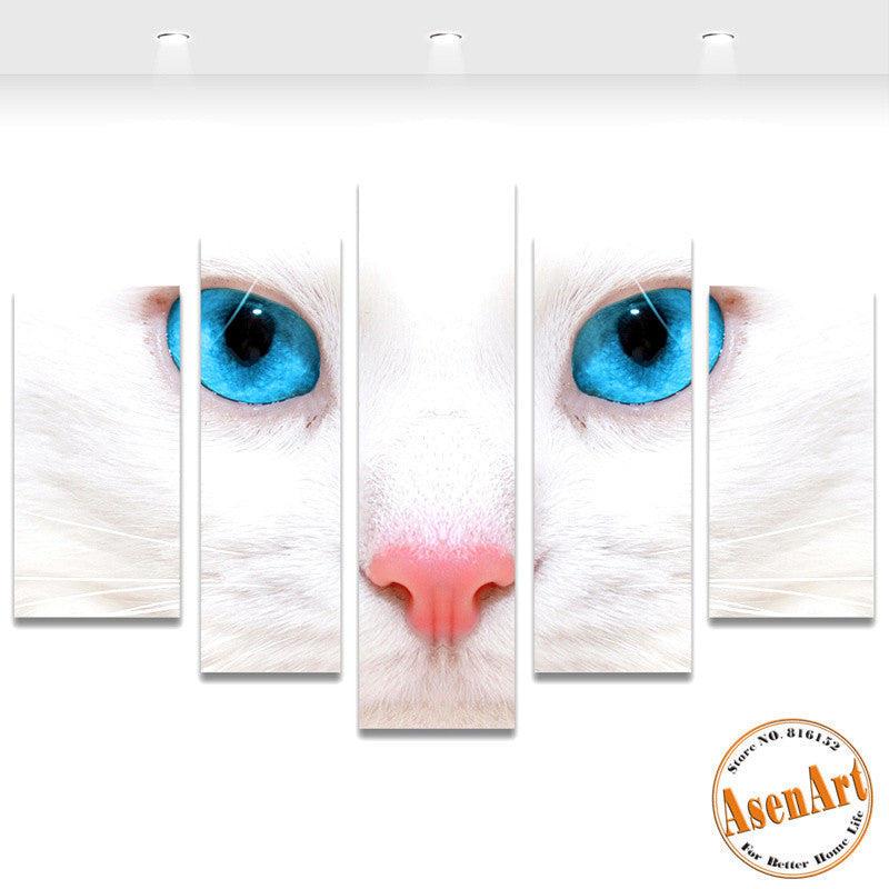 5 Panel Wall Art The Eye of White Cat Painting Picture Canvas Print Animal Wall Pictures for Living Room Home Decor No Frame