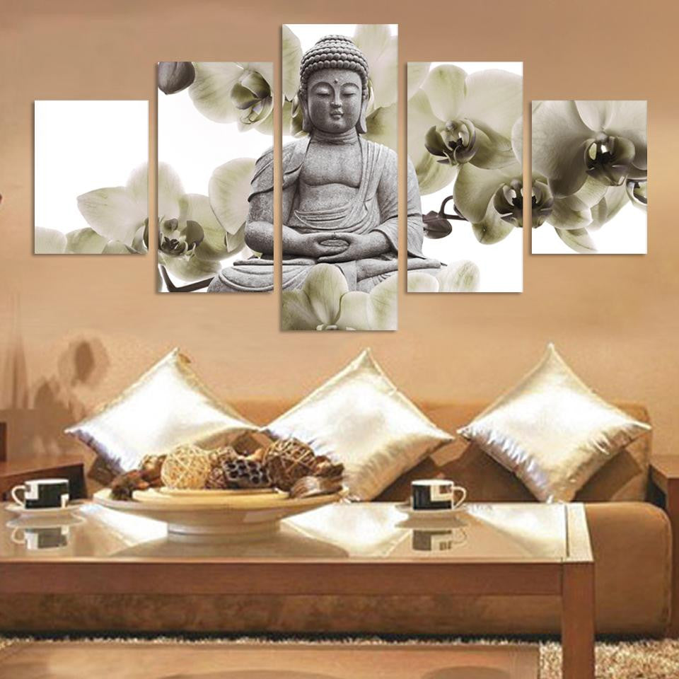 UnFramed 5 Panel Large orchid background Buddha Painting Fengshui Canvas Art Wall Pictures for Living Room Home Decor Fx015