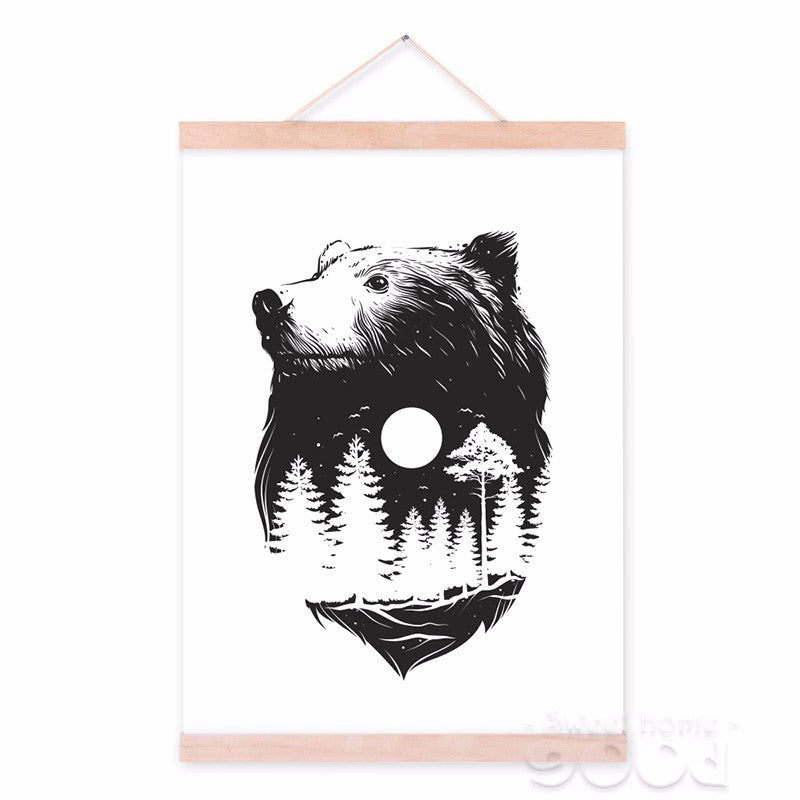 Bear with Forest Sketch Canvas Art Print Painting Poster, Wall Pictures For Home Decoration, Wall Decor S008
