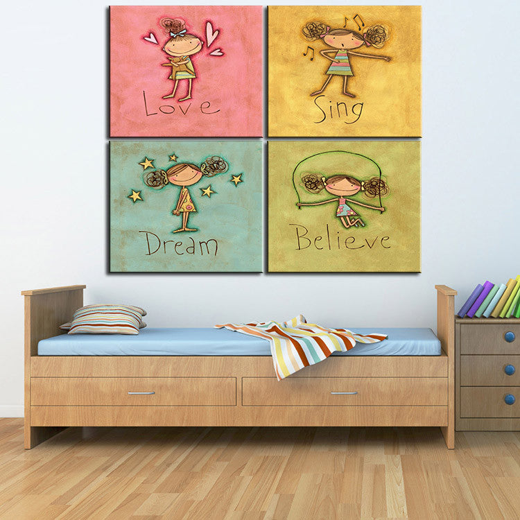 4PCS Canvas painting Oil Painting 4 pieces/set Modern cartoon animals wall pictures kids room wall photo decor No Frame