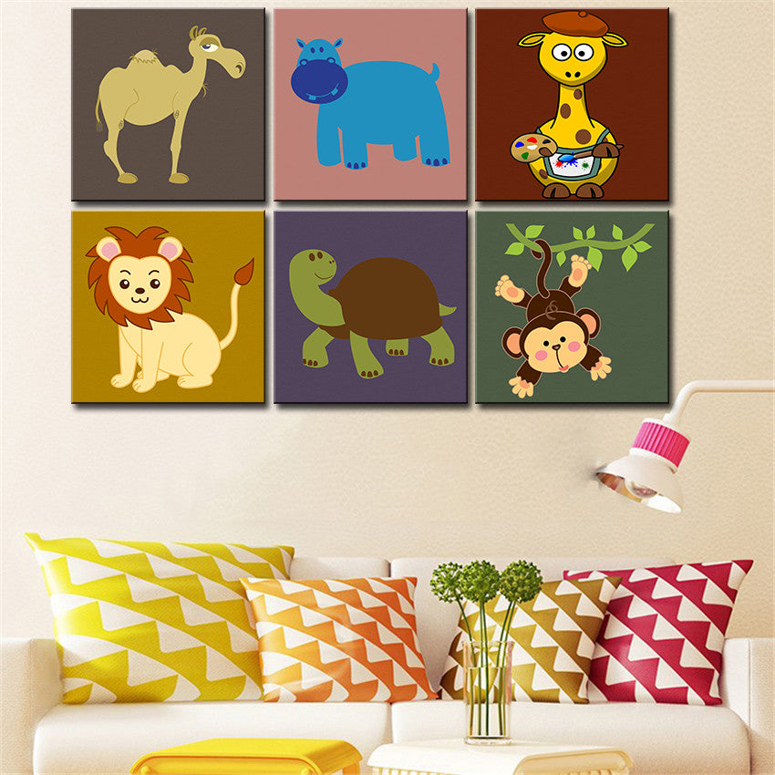 your photo wall art Canvas painting Oil Painting 6 pieces/set Modern cartoon animals wall pictures kids room wall decor No Frame