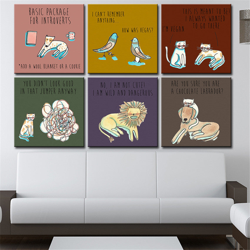 modern wall art Canvas painting Oil Painting 6 pieces/set Modern cartoon animals wall pictures pop room wall decor No Frame