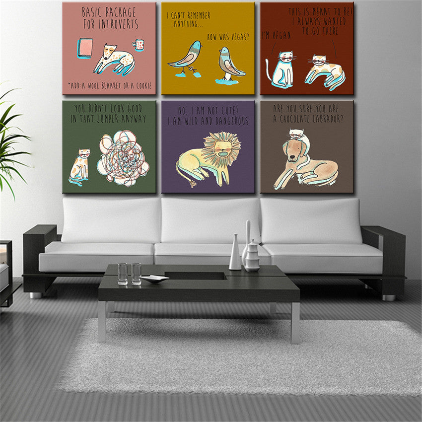 modern wall art Canvas painting Oil Painting 6 pieces/set Modern cartoon animals wall pictures pop room wall decor No Frame