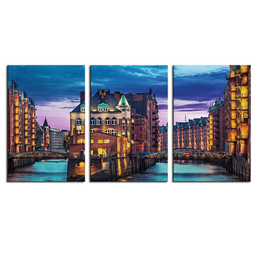 NO FRAME 3pcs buildings in hamburg city buildings on water Printed Oil Painting On Canvas Oil Painting for Home Decor Wall Decor