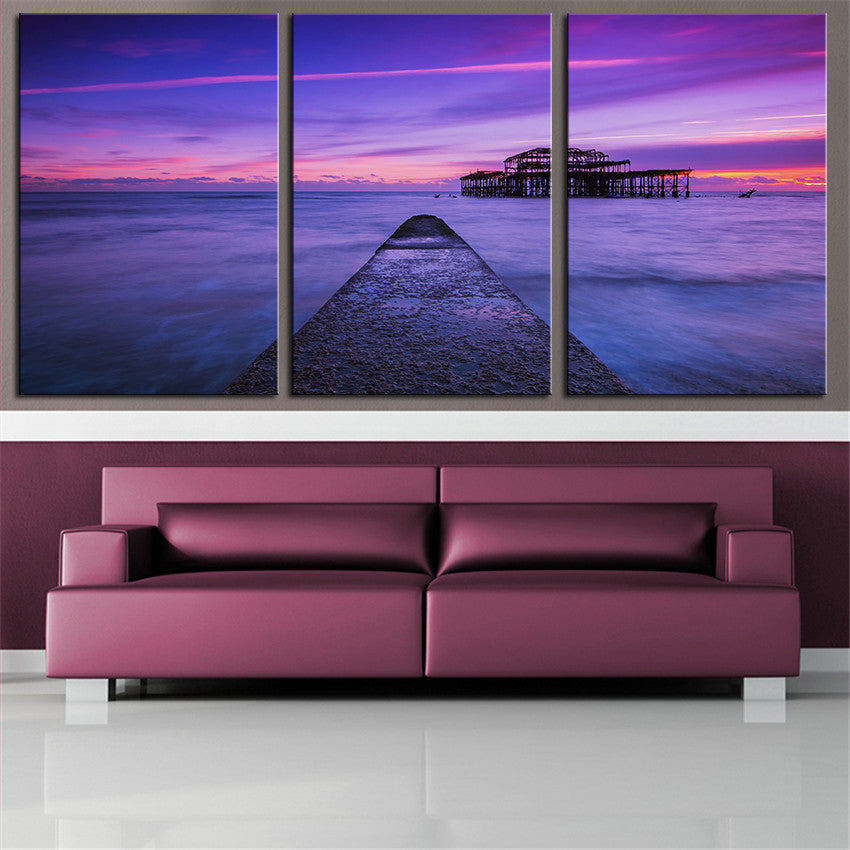 NO FRAME 3pcs England pier UK Brighton sea ocean sunset Printed Oil Painting On Canvas wall Painting for Home Decor Wall picture