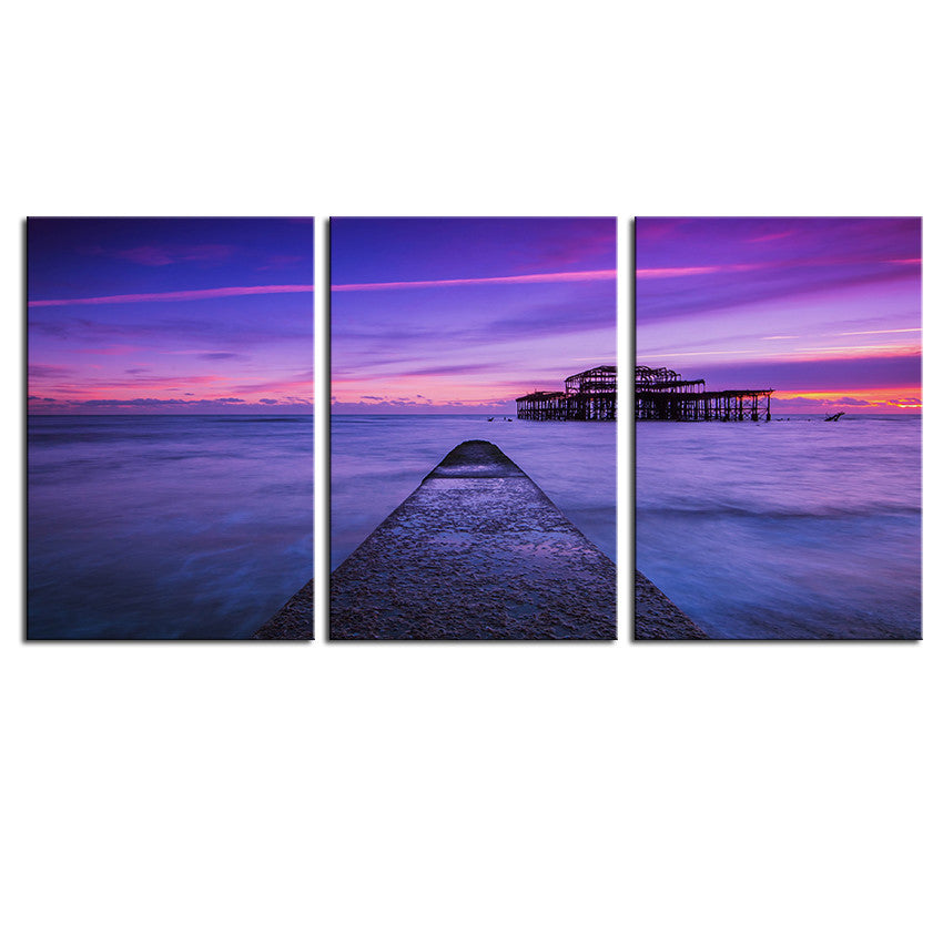 NO FRAME 3pcs England pier UK Brighton sea ocean sunset Printed Oil Painting On Canvas wall Painting for Home Decor Wall picture