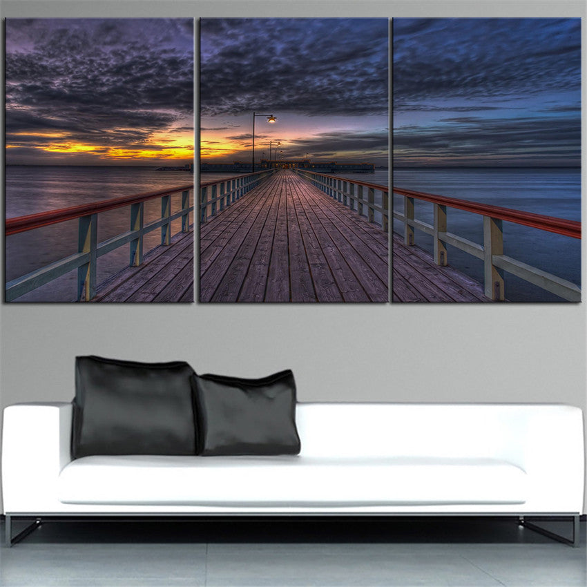 NO FRAME 3pcs sunset on a great pier building Printed Oil Painting On Canvas wall Painting for Home Decor Wall picture